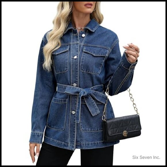 Oversized Denim Jacket Mid Long Classic Trendy With Belt Four Pockets - Picture 6 of 7